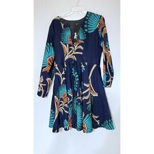 Ray Darten African Print Fit & Flare Dress Black White Bell Sleeve NWT Size L